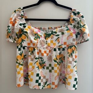 SHEIN Puff Sleeve Babydoll Blouse Women’s Size Large Tropical Print Square Neck